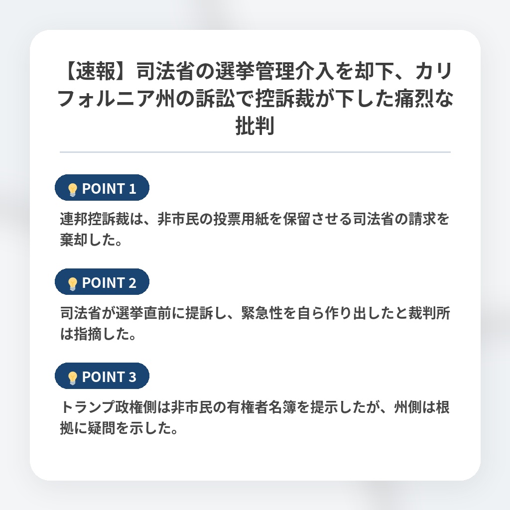 【速報】司法省の選挙管理介入を却下、カリフォルニア州の訴訟で控訴裁が下した痛烈な批判の注目ポイントまとめ