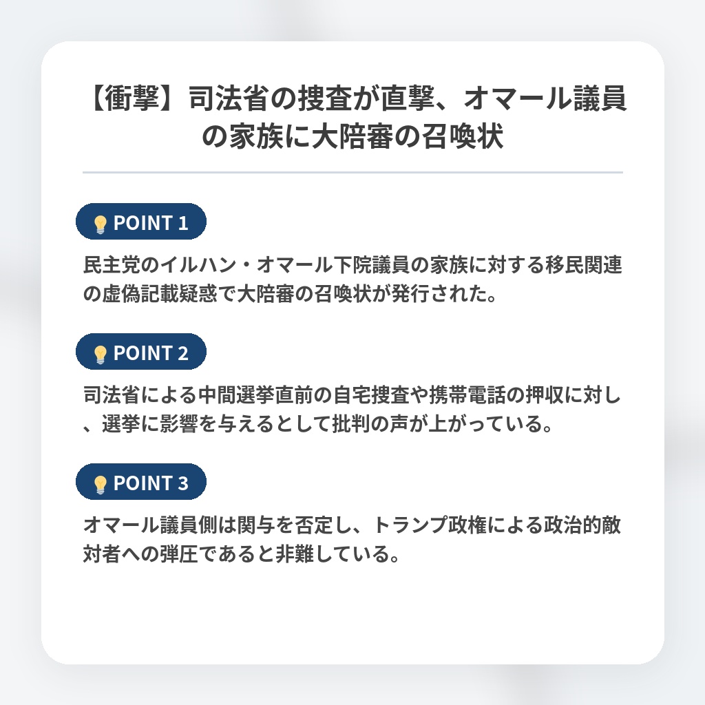 【衝撃】司法省の捜査が直撃、オマール議員の家族に大陪審の召喚状の注目ポイントまとめ