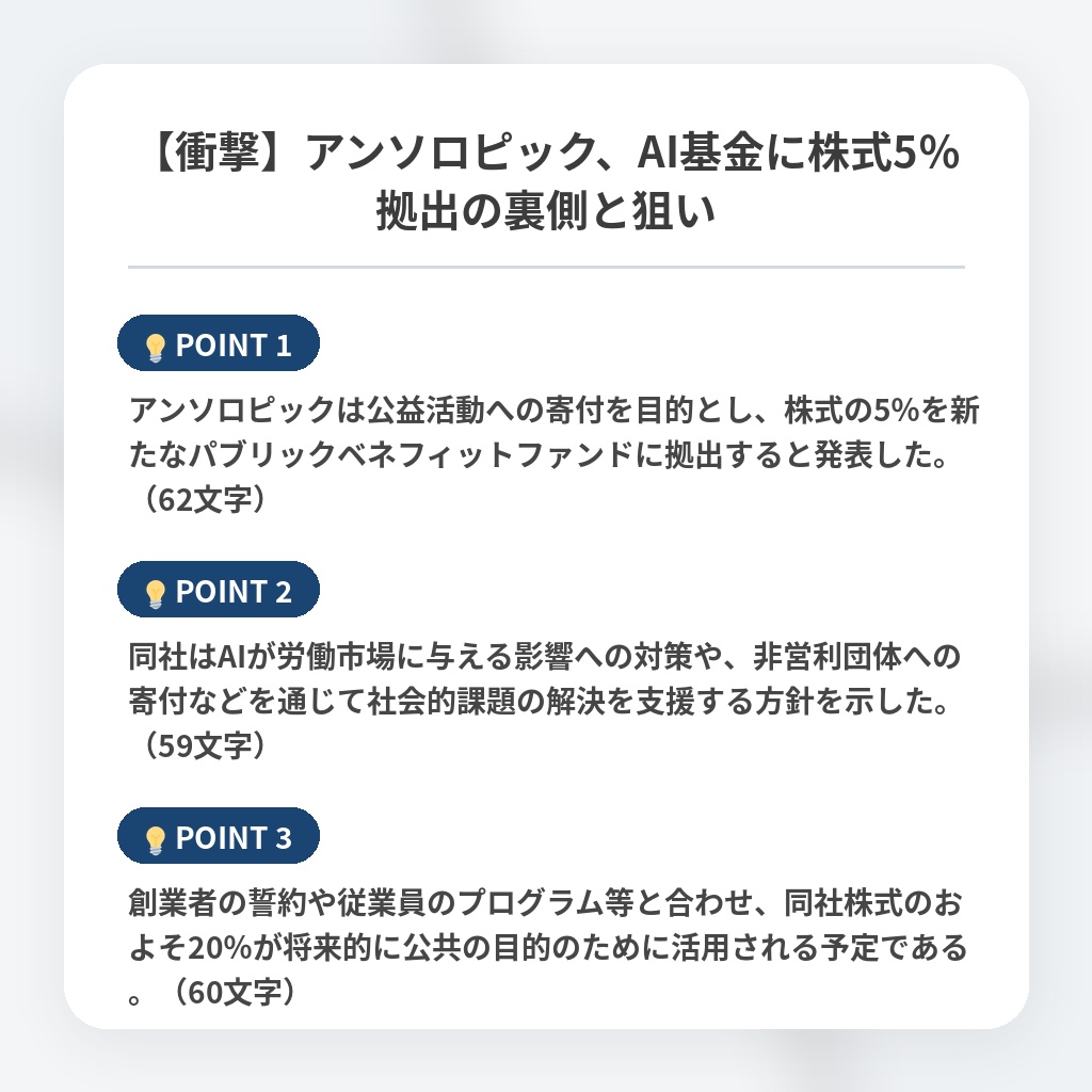 【衝撃】アンソロピック、AI基金に株式5％拠出の裏側と狙いの注目ポイントまとめ