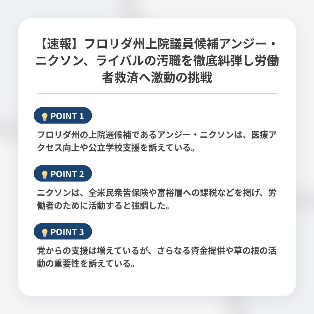 【速報】フロリダ州上院議員候補アンジー・ニクソン、ライバルの汚職を徹底糾弾し労働者救済へ激動の挑戦の注目ポイントまとめ