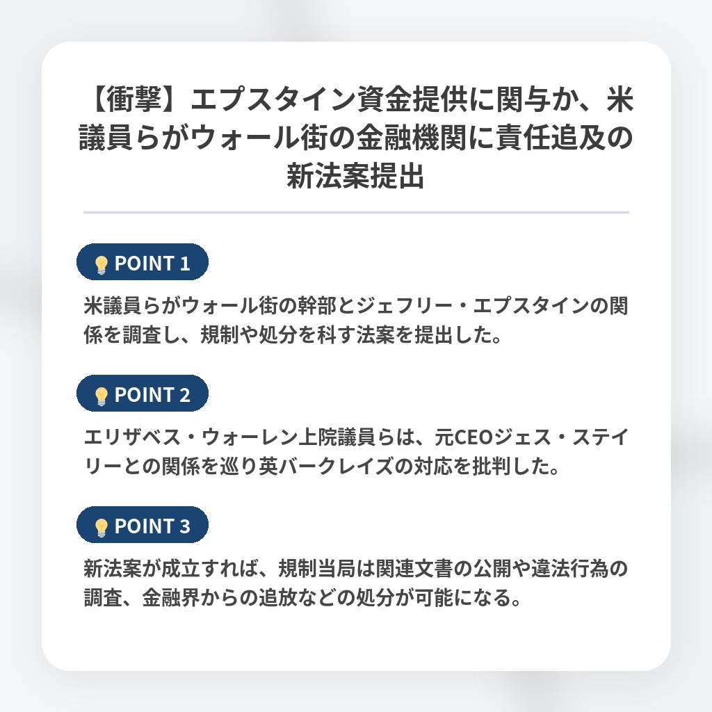 【衝撃】エプスタイン資金提供に関与か、米議員らがウォール街の金融機関に責任追及の新法案提出の注目ポイントまとめ