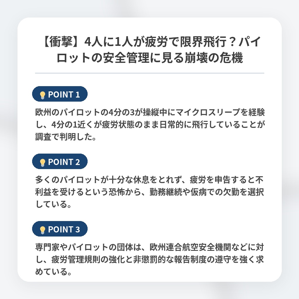 【衝撃】4人に1人が疲労で限界飛行?パイロットの安全管理に見る崩壊の危機の注目ポイントまとめ