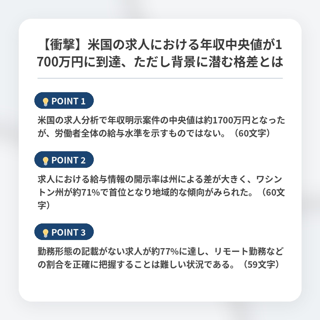 【衝撃】米国の求人における年収中央値が1700万円に到達、ただし背景に潜む格差とはの注目ポイントまとめ