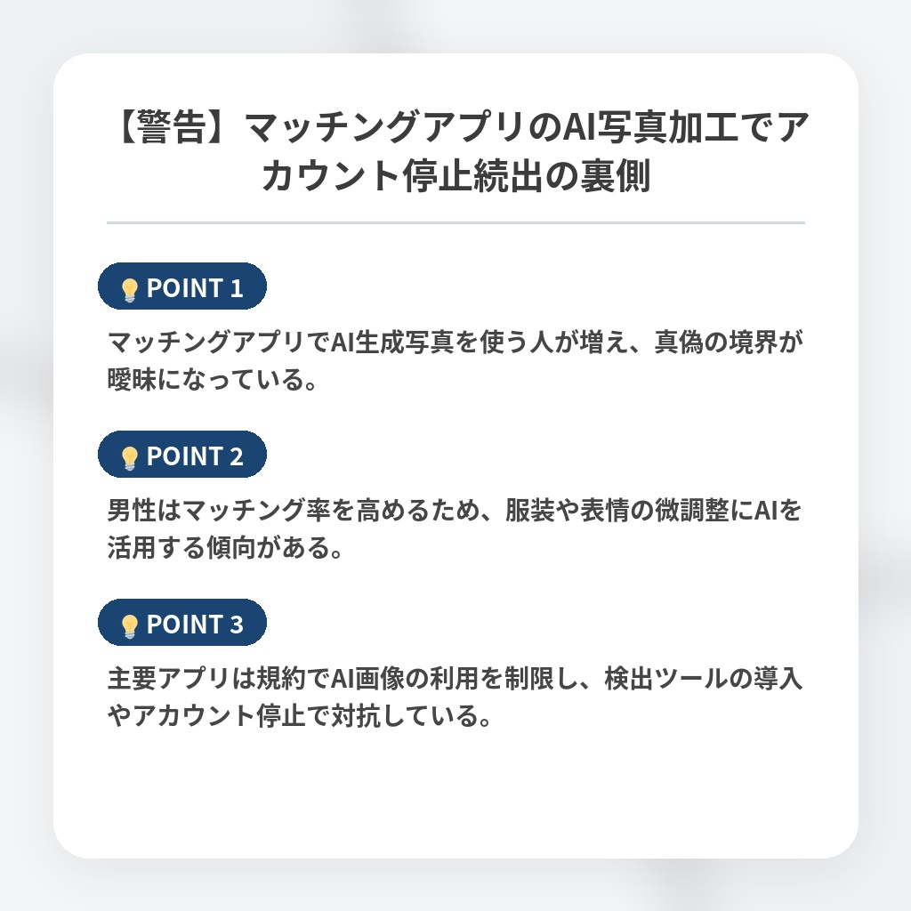 【警告】マッチングアプリのAI写真加工でアカウント停止続出の裏側の注目ポイントまとめ