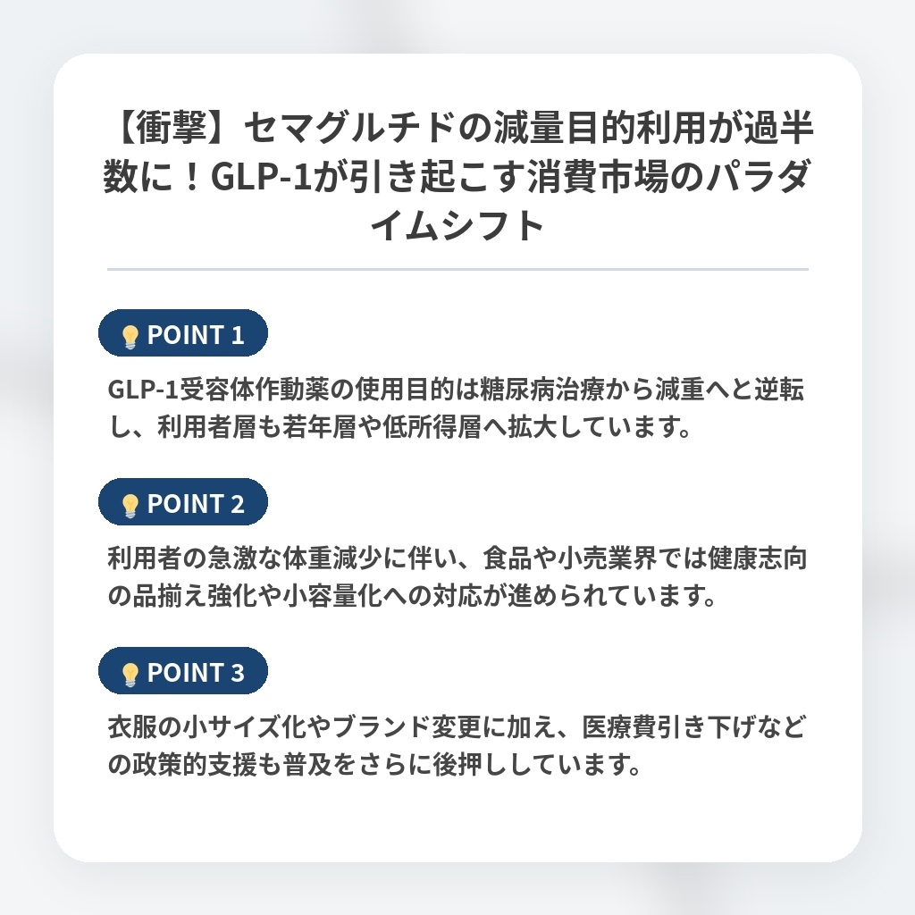 【衝撃】セマグルチドの減量目的利用が過半数に！GLP-1が引き起こす消費市場のパラダイムシフトの注目ポイントまとめ
