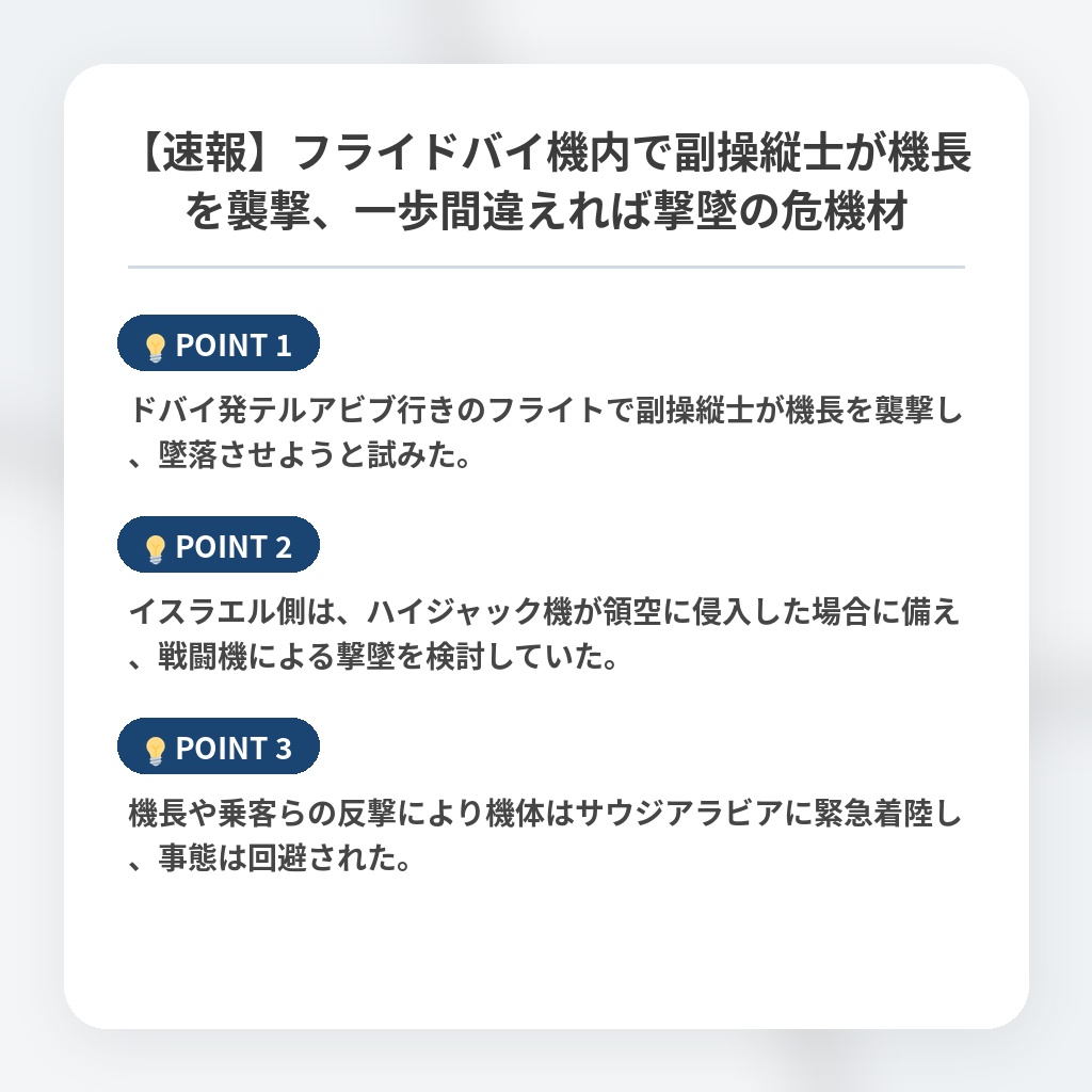 【速報】フライドバイ機内で副操縦士が機長を襲撃、一歩間違えれば撃墜の危機材の注目ポイントまとめ