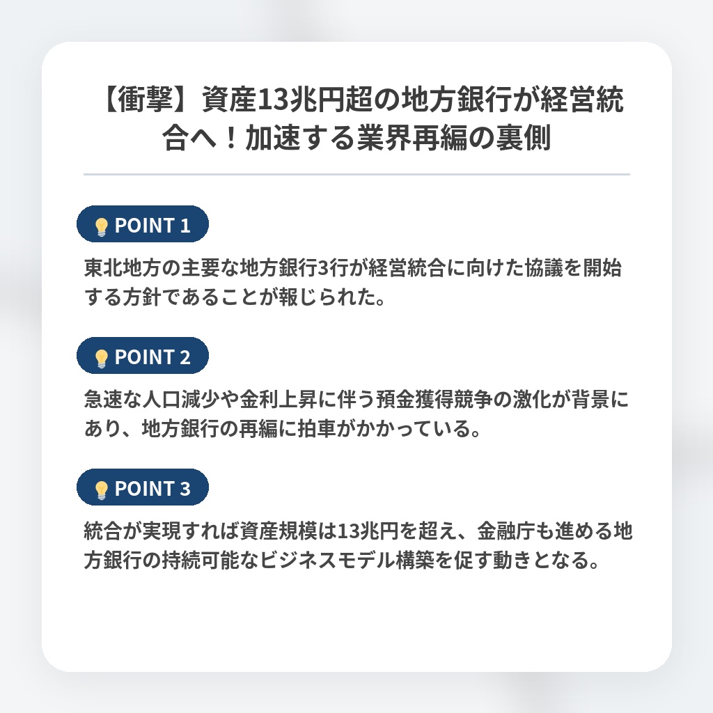 【衝撃】資産13兆円超の地方銀行が経営統合へ！加速する業界再編の裏側の注目ポイントまとめ
