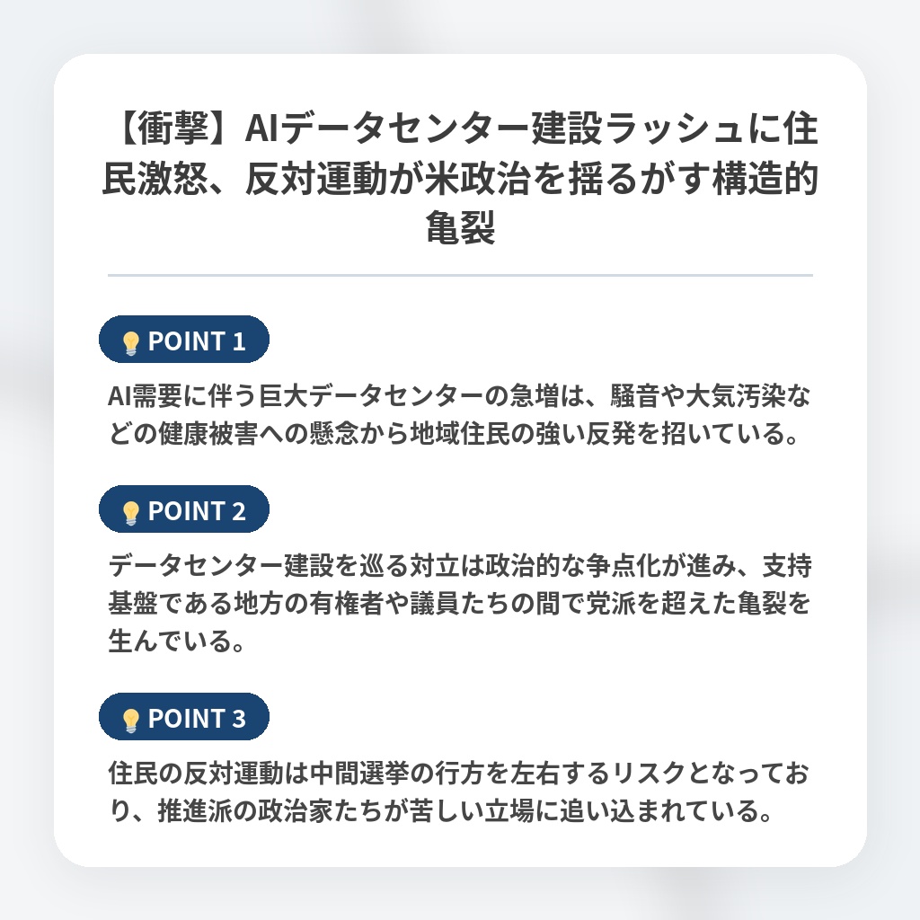 【衝撃】AIデータセンター建設ラッシュに住民激怒、反対運動が米政治を揺るがす構造的亀裂の注目ポイントまとめ