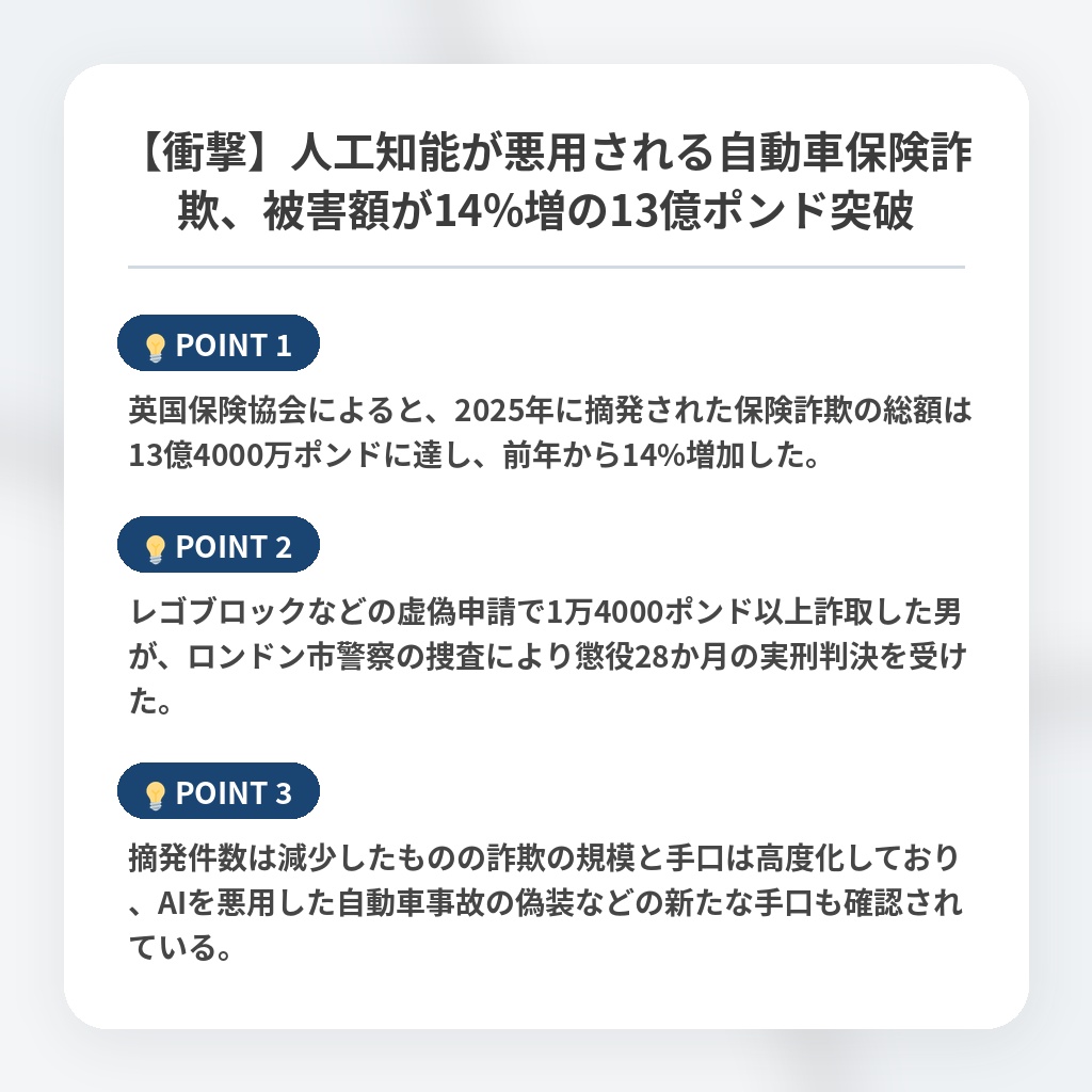 【衝撃】人工知能が悪用される自動車保険詐欺、被害額が14%増の13億ポンド突破の注目ポイントまとめ