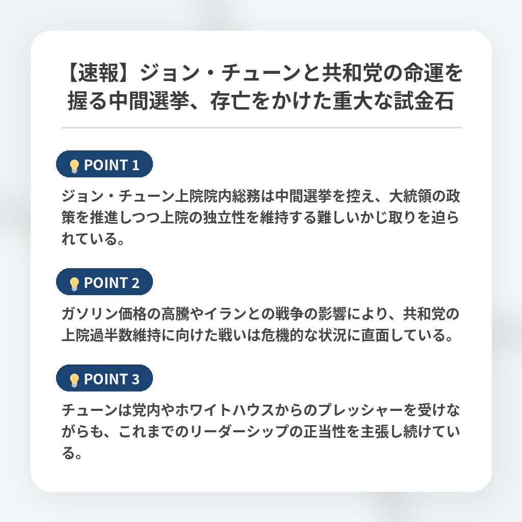 【速報】ジョン・チューンと共和党の命運を握る中間選挙、存亡をかけた重大な試金石の注目ポイントまとめ