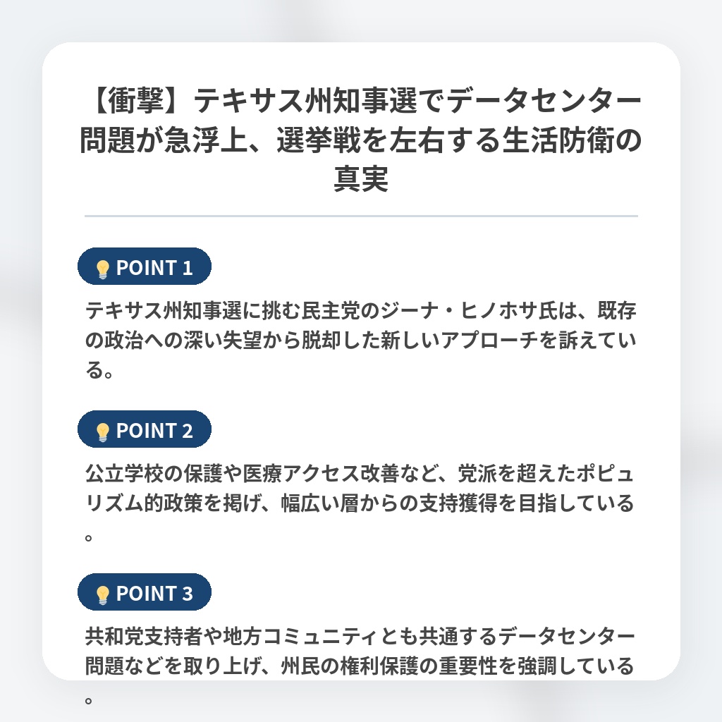 【衝撃】テキサス州知事選でデータセンター問題が急浮上、選挙戦を左右する生活防衛の真実の注目ポイントまとめ