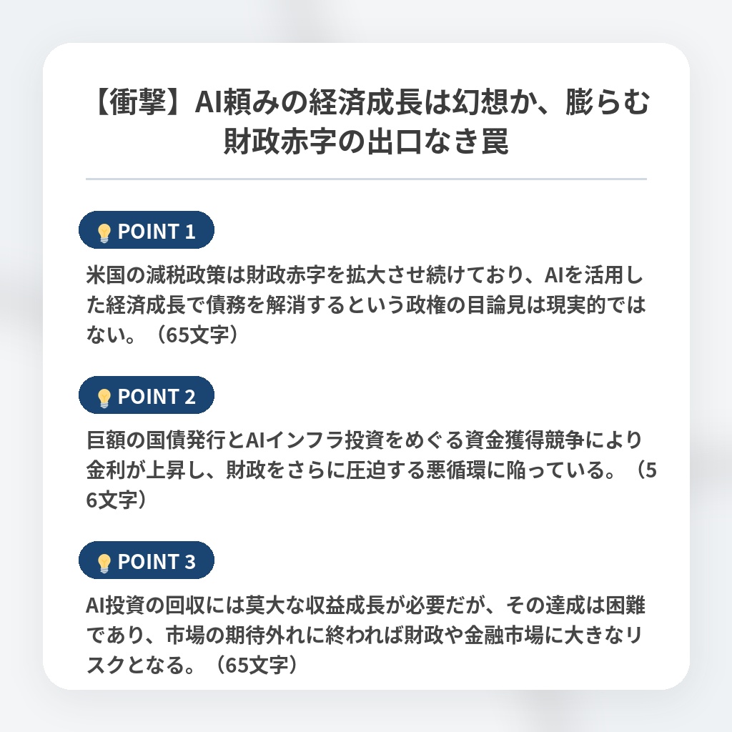 【衝撃】AI頼みの経済成長は幻想か、膨らむ財政赤字の出口なき罠の注目ポイントまとめ