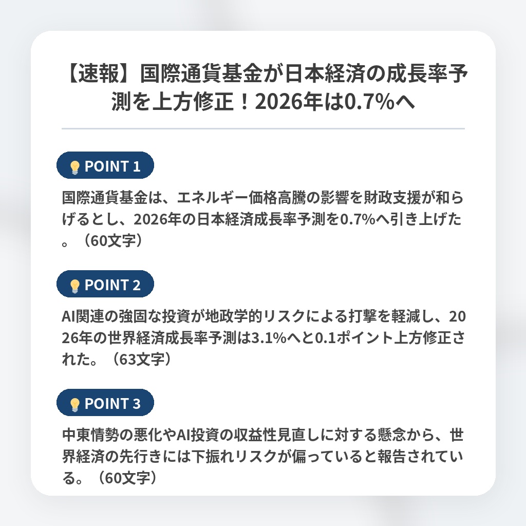 【速報】国際通貨基金が日本経済の成長率予測を上方修正！2026年は0.7%への注目ポイントまとめ