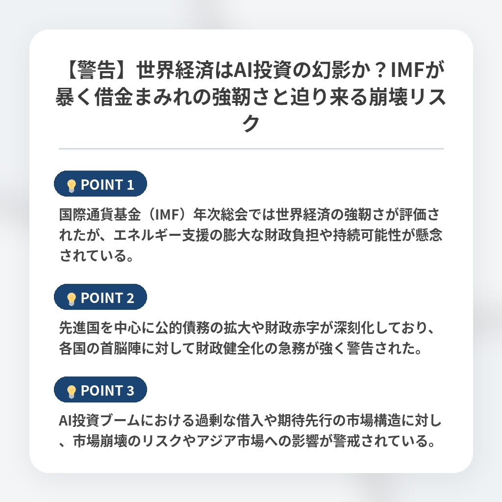 【警告】世界経済はAI投資の幻影か？IMFが暴く借金まみれの強靭さと迫り来る崩壊リスクの注目ポイントまとめ