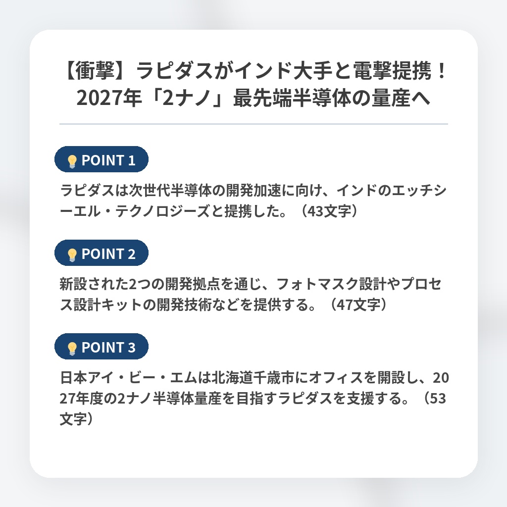 【衝撃】ラピダスがインド大手と電撃提携!2027年「2ナノ」最先端半導体の量産への注目ポイントまとめ