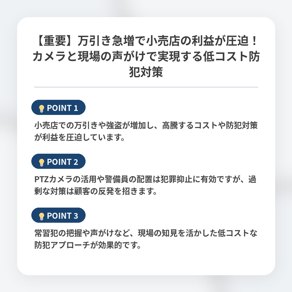 【重要】万引き急増で小売店の利益が圧迫！カメラと現場の声がけで実現する低コスト防犯対策の注目ポイントまとめ