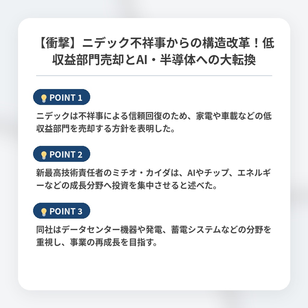 【衝撃】ニデック不祥事からの構造改革！低収益部門売却とAI・半導体への大転換の注目ポイントまとめ