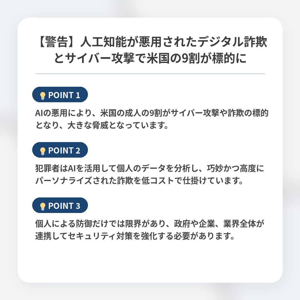 【警告】人工知能が悪用されたデジタル詐欺とサイバー攻撃で米国の9割が標的にの注目ポイントまとめ