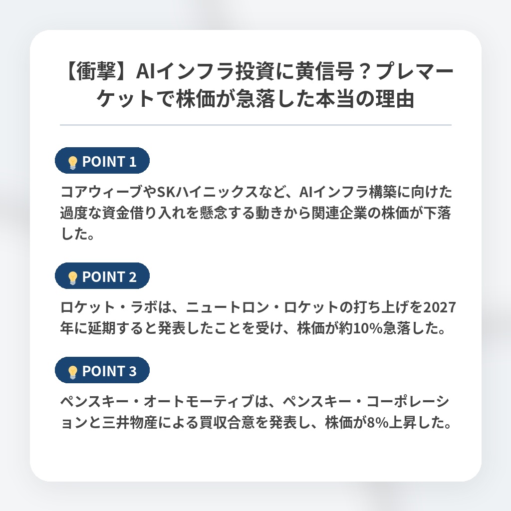 【衝撃】AIインフラ投資に黄信号？プレマーケットで株価が急落した本当の理由の注目ポイントまとめ